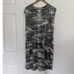 Butter Soft Camo Print Sleeveless Drawstring Waist Mini Shirt Dress Green Sz L